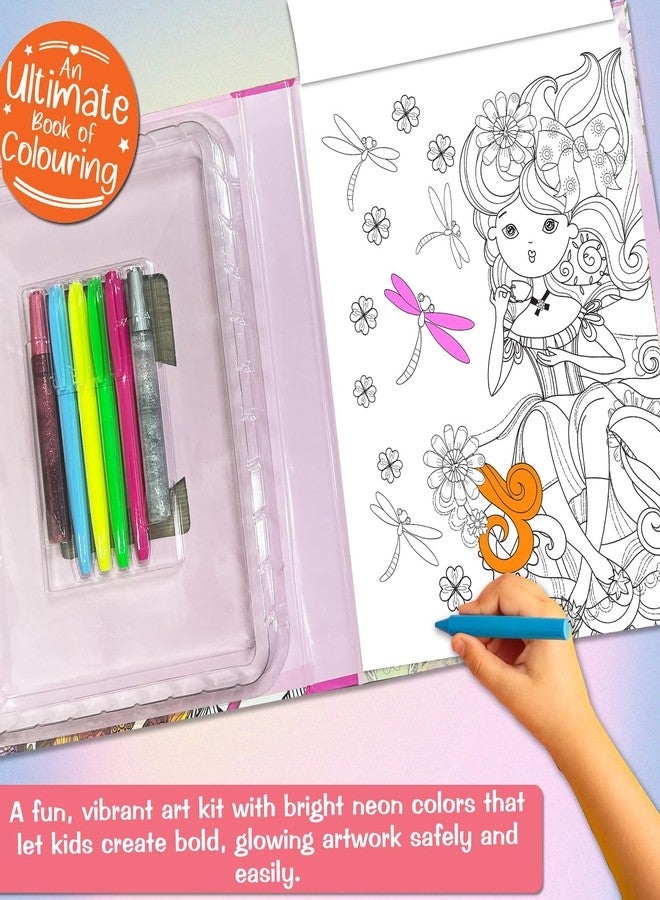 BRIJBASI مجموعة تلوين BRIJBASI Hello Friend Princess Combo Kit مع 4 أقلام نيون وأنبوبين لامعين + 32 صفحة من دفتر التلوين، 4 سنوات فأكثر. - Image 4